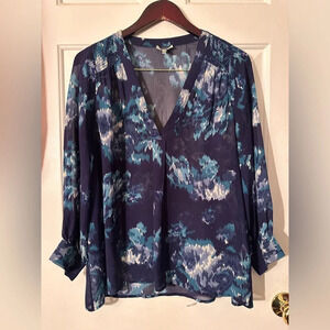 JOIE Revolve 100% SILK Women’s SMALL Lagoon Blue Water Color Splash Split Neck